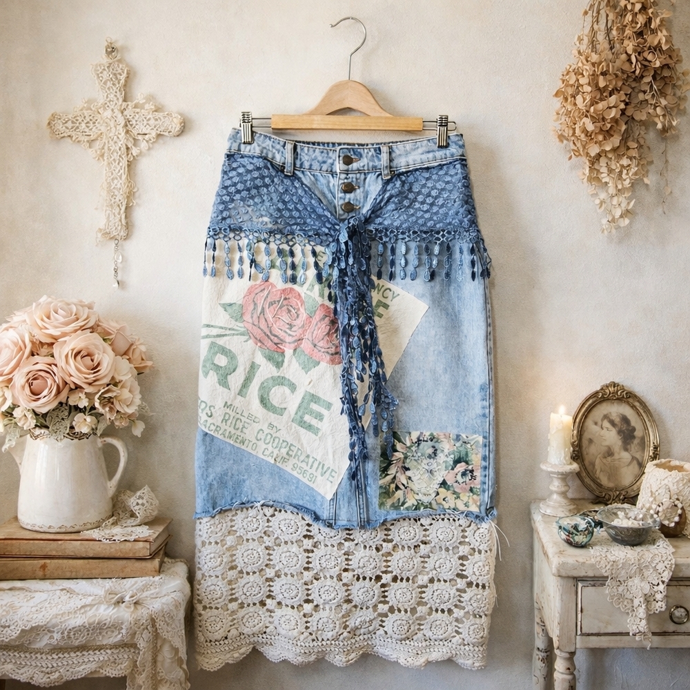 Upcycled Patchwork Boho Lace Denim Skirt Size 8 Floral Rice Bag Tassel Handmade